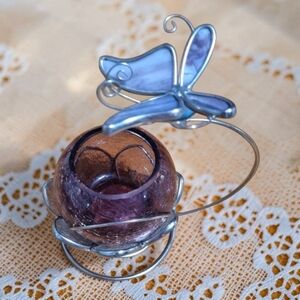 Butterfly Purple Stained Glass Tealight Votive Candle Holder On A Metal Stand